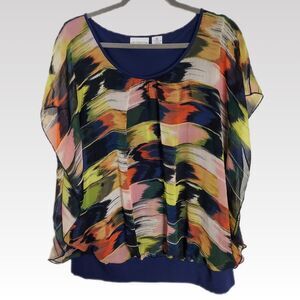 Liz Woman Flutter Top 2X Multicolor Shell Blue Lined Gathered Hem Flowy Shirt